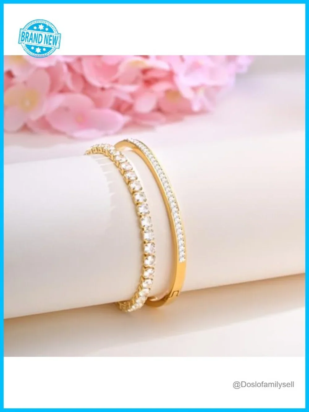 2Pcs 18K Gold Plated Cubic Zirconia Bangle Tennis Bracelet Stackable Set